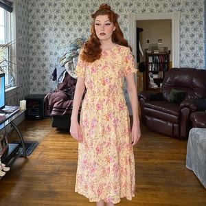 Cottagecore Light yellow/pink floral Ruffle-trimmed Dress